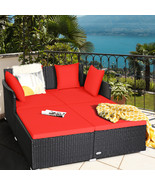 Rattan Patio Daybed Loveseat Sofa Yard Outdoor W/ Red Cushions Pillows - £316.24 GBP