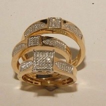 2.02CT Simulated Diamond Wedding Trio Bridal  Ring Set 14K Yellow Gold Plated - £98.58 GBP