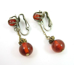 Ambertone Clip On Earrings Vintage DROP DANGLE Beads Goldtone Silvertone 1.5&quot; - £10.20 GBP