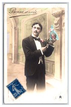 RPPC Tinted Mustache Man With Flowers Bonne Annee New Year UNP Postcard U22 - £3.85 GBP
