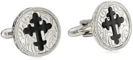 Symbols of Faith &quot;Inspirations&quot; Silver-Tone Black Enamel Cross Round Cuff Links - £43.05 GBP