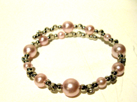 Costume jewelry pink pearl (faux), CZ and silver tone coil bracelet New - £7.92 GBP