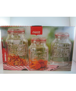 Coca-Cola Canister Set Snack Jar Embossed Clear Glass Wire Bail Lid with... - £21.96 GBP