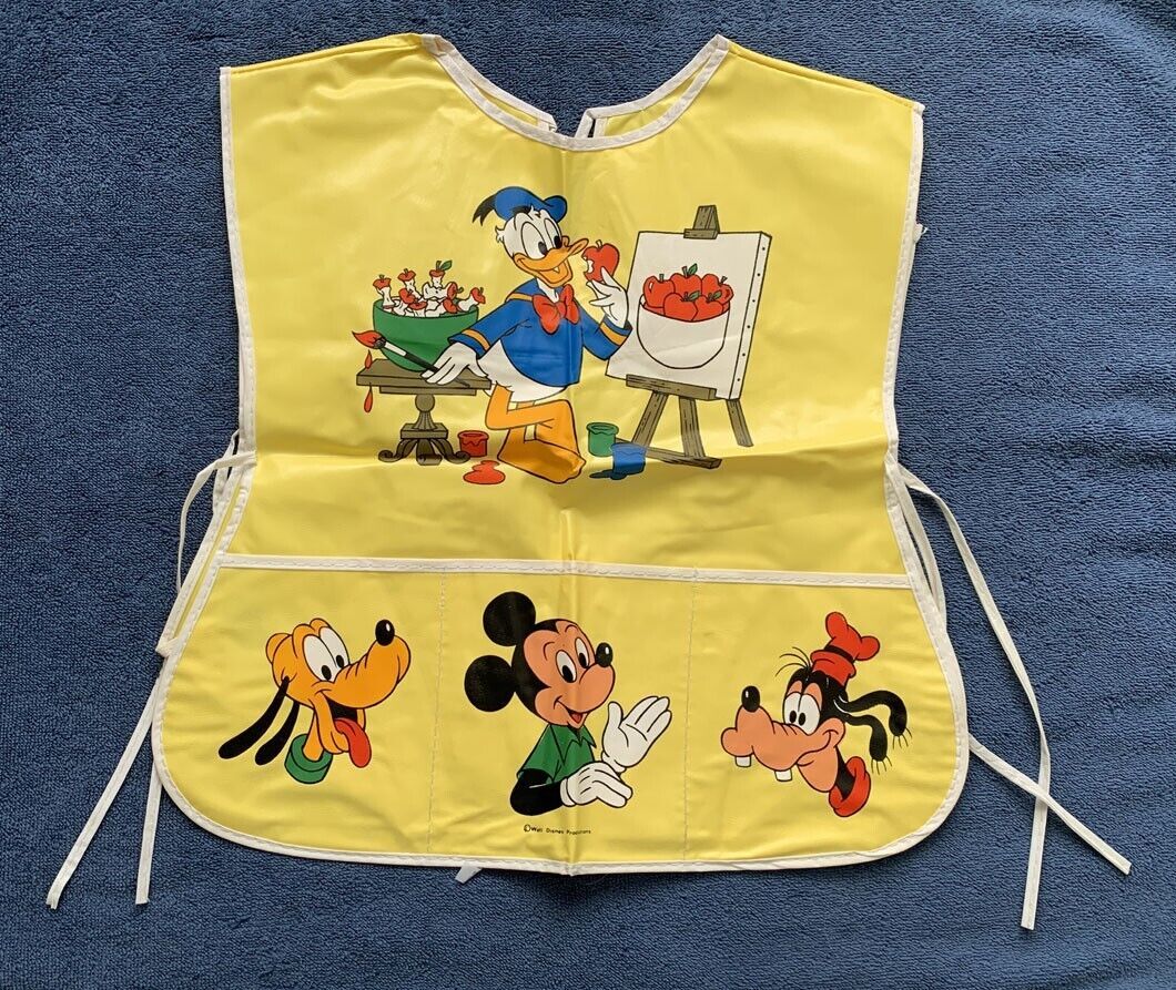Vintage Disney Mickey Mouse Goofy Pluto Donald Duck Yellow Kids Plastic Apron - $29.65