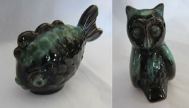 2X Blue Mountain Pottery BMP Mini Owl Puffer Fish Green Brown Glaze Figurine - £14.27 GBP