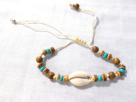 COWRIE SHELL WOODEN BEADED ADJUSTABLE LIGHT TAN STRING BRACELET ANKLET 6... - €4,31 EUR