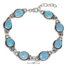 Sterling Silver 7&quot; Synthetic Blue Opal Oval Link Bracelet - £136.98 GBP