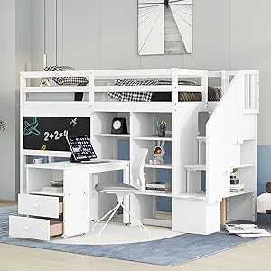 Merax Twin Size Loft Bed with Pullable Desk and Storage Shelves - $1,073.99