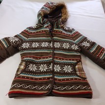 Rue 21 Women's Brown Multicolor Geometric Removable Hoodie Snap Button Jacket M image 9