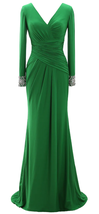 Women Long Mother of Bride Dresses Green Grey Long Sleeve V Neck Evening Dress - £106.15 GBP