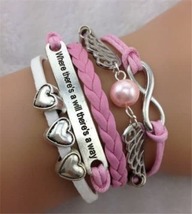 Pink Infinity Heart Wing Pearl Leather Charm Bracelet - $7.95