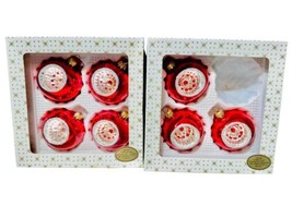 Vintage 80s Handblown Glass Red Silver Indent 2 Box 7 Christmas Ornaments Poland - £41.07 GBP