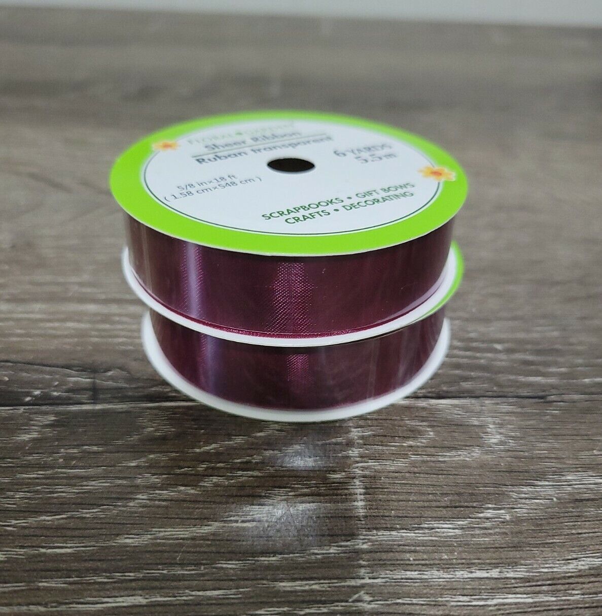 (2) Floral Garden Sheer Ribbon, Wine Colored 5/8&quot; x18&#39; 6 Yards - $8.86