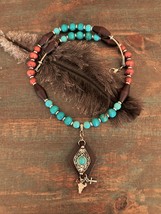 Western Style Leather Howlite Pendant With Turquoise/Red Jasper Accent Beads - £26.28 GBP