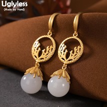 Gold Handmade Deer Horns Antlers Earrings for Women Nature Jade Flowers Earrings - £60.33 GBP