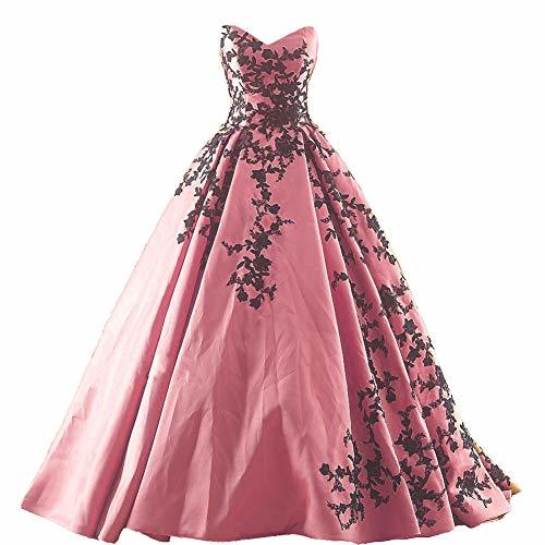 Beaded Gothic Black Lace Long Ball Gown Satin Prom Evening Dress Skin Pink US 6