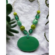 Vintage Green Beaded Pendant Necklace Chunky Silver Tone Retro 80s - £13.63 GBP
