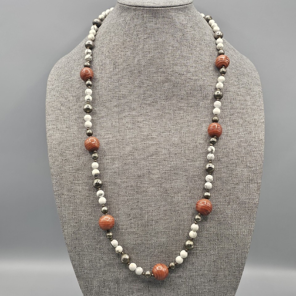 Vtg Carol Dauplaise Beaded Necklace White Howlite Silver Tone Wood Boho 34&quot; - $19.99