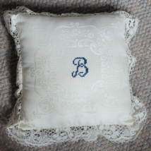 Decorative Throw Pillow Needlepoint &quot;B&quot; White/Ivory Lace Gift Living Room Cute - £32.16 GBP