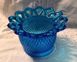 Vintage Imperial Glass Aqua Blue Bowl Candy Dish Open Lace Lattice Edge - $14.84