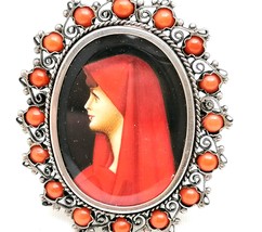 Vintage Broche Colgante En Plata 800 Y Coral Pintado A Mano Broche Pin Colgante - $122.23