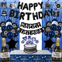 Blue Black Happy Birthday Decorations for Men Women Boys, Happy Birthday Banner, - £21.30 GBP