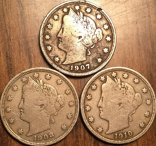 1907 1908 1910 US LIBERTY 5 CENTS - Lot of 3 coins - £19.44 GBP