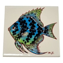 Art Studio Tile Blue Green Fish Ceramic Cork Artist MJ Square 4 inch Han... - $24.70