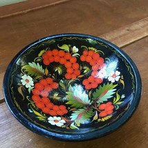 Estate Bright Orange &amp; White Floral Painted Black Lacquer Shallow Bowl –... - $8.59