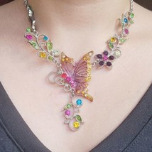 Vintage Silver Rainbow Butterfly Floral Gemstone Bib Chunky Statement Necklace - £15.83 GBP