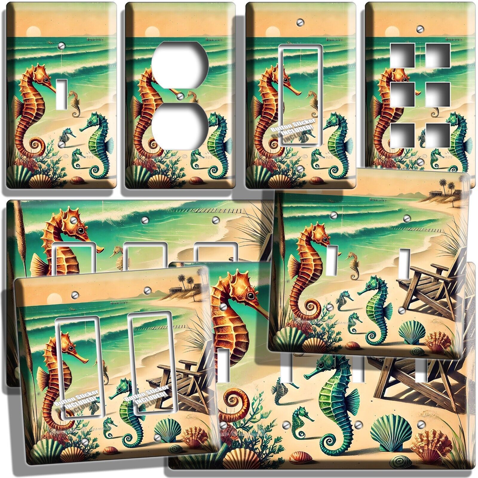 RETRO RUSTIC OCEAN BEACH SEAHORSES SEASHELLS SEA LIGHT SWITCH OUTLET WAL... - $9.09+