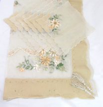 Embroidered Floral Beaded Silk Organza 34x34 Scalloped Tablecloth and Na... - $65.00
