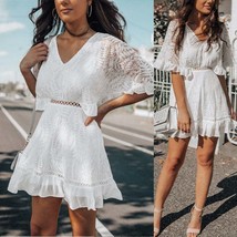 White short dress woman summer V-neck lace dress - £35.51 GBP