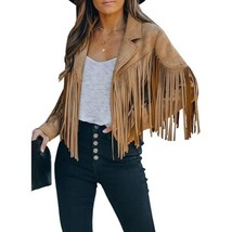 Western Cropped Fringe Faux Suede Leather Motorcycle Jacket S Tan Brown Lined - £37.11 GBP
