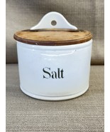 Vintage White Milk Glass Salt Box Hinged Wood Lid Farmhouse Kitchen Wall... - $65.55