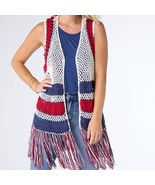 Victory Cotton Crochet Fringe Vest Americana Patriotic Red White Blue L/XL - $1,293.00 MXN