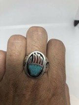 1980&#39;s Vintage Silver White Bronze Size 9 Bear Paw Turquoise Inlay Ring - £32.15 GBP