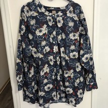 Duluth Trading Co Women&#39;s Plus Tunic Blouse Top Sz 3X Blue Floral Wrinkle Fight - £22.22 GBP