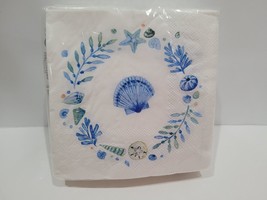 Punch Studio Coastal Seashells 48 Blue Beverage Paper Napkins NIP - $13.99