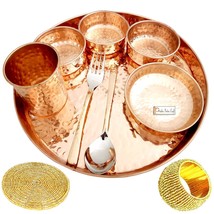 India Craft Pure Copper Thali Set of Plate, 4 Bowls, Spoon, Fork, Glass, 12-inch - £86.72 GBP