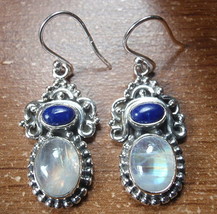 Moonstone and Lapis Tribal Style 925 Sterling Silver Dangle Earrings - £17.25 GBP