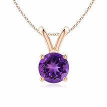 V-Bale Round Amethyst Solitaire Pendant in 14K Rose Gold - £319.79 GBP
