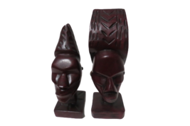 Set Of 2 Handcarved Wooden African Style Head Figurines 9.5&quot; Tall Brown - £13.98 GBP