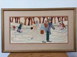 Vtg Embroidery Crewel Winter Ice Skating Couple Forest Lake Pond Frame Mat 25&quot; - £70.69 GBP