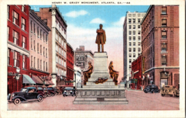 Vtg Postcard Henry W. Grady Monument, Parked Cars, Atlanta, GA - $6.79