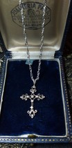 Vintage 1950-s 925 Silver/ Cubic Zirconia  Large Cross Crucifix Pendant &amp; Chain. - £76.31 GBP