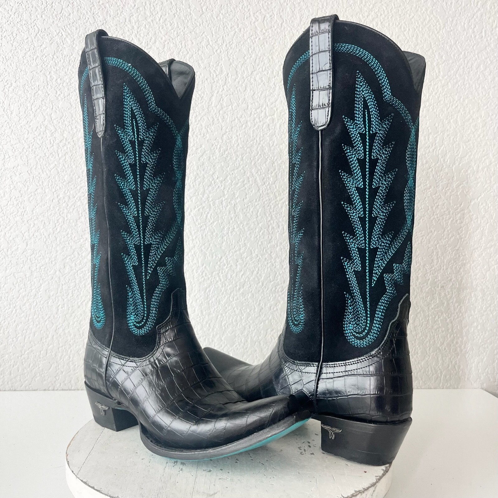 Lane SKYLIGHT Womens Cowboy Boots 8.5 Turquoise Black Suede Western Cowg... - $292.05