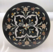 24&quot; Black Marble Round Coffee Top Marquetry Floral Work Inlay Mosaic Outdoor Art - £577.17 GBP