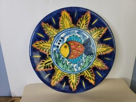 Hand Made Talavera Mexico Pottery Plate  Fish Cobalt Border Signed Dolores 11.5&quot; - £22.15 GBP