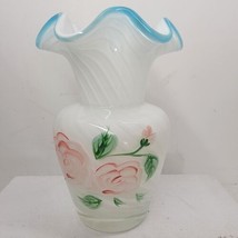 Vintage Fenton Art Glass Vase White Swirl  Opalscence Pink Rose Blue Ruffled Rim - £70.06 GBP